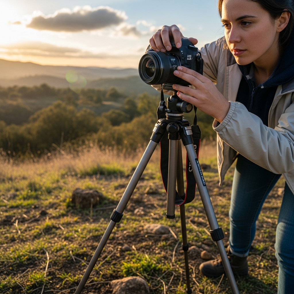 Photographer composing shot with camera, showing rule of thirds