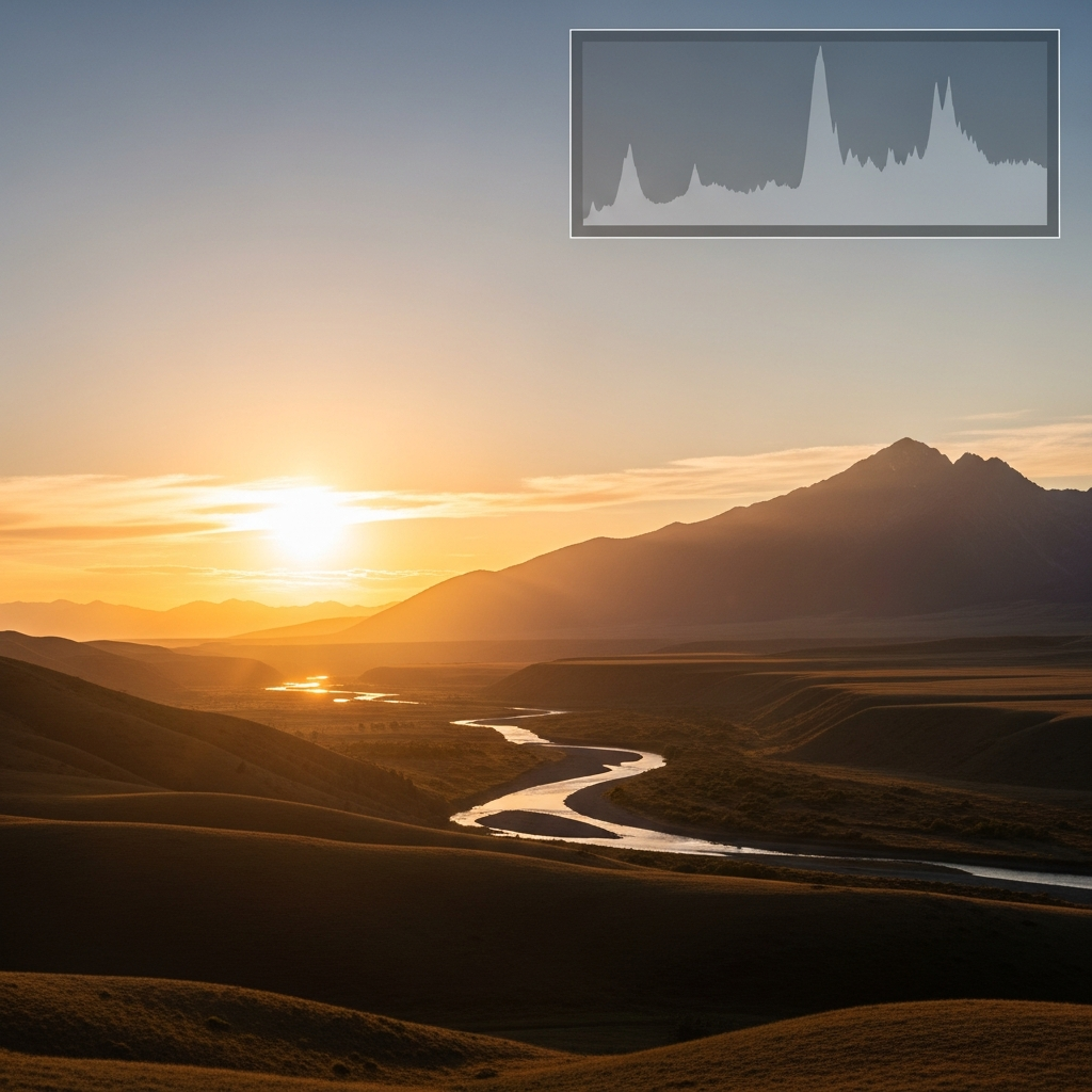 A beautiful outdoor scene during golden hour, illustrating natural light and exposure, with a histogram overlay.