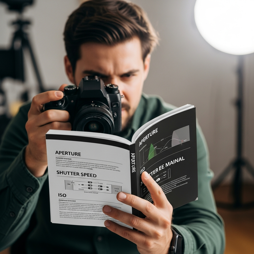 A photographer mastering their camera settings, with a camera manual, showing aperture, shutter speed, ISO controls.