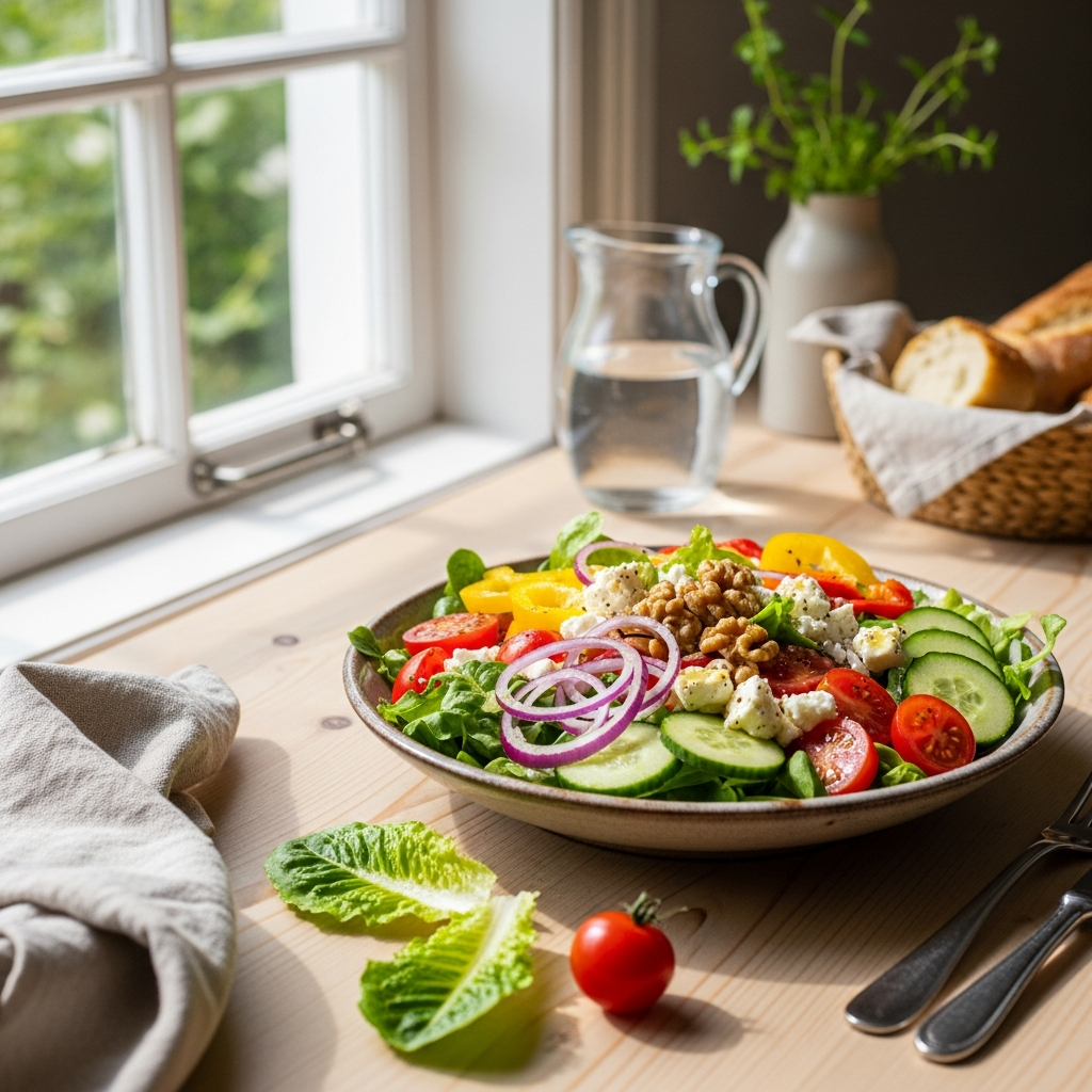A beautifully lit food setup near a window with soft, diffused natural light, highlighting a colorful salad arranged with layered composition and depth, including foreground and background elements.