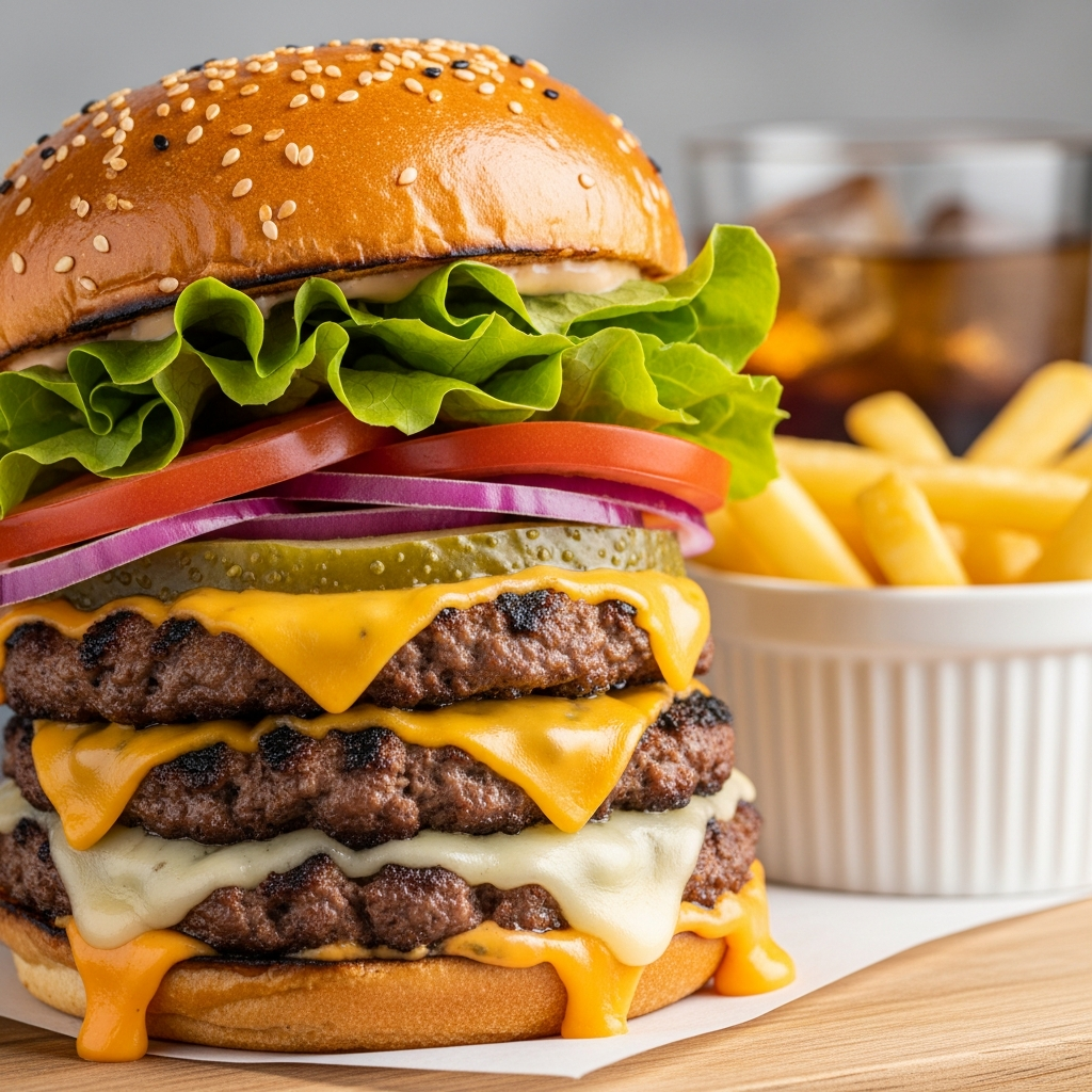 A vibrant, mouthwatering close-up photo of a triple-stacked burger taken at a 45-degree angle, showcasing crispy edges and melted cheese, styled with simple neutral props and fresh ingredients.