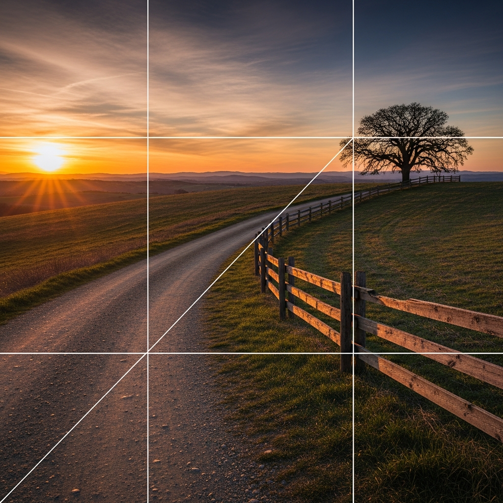 A photographer capturing a beautiful golden hour scene outdoors, showcasing warm natural light illuminating the subject and landscape.