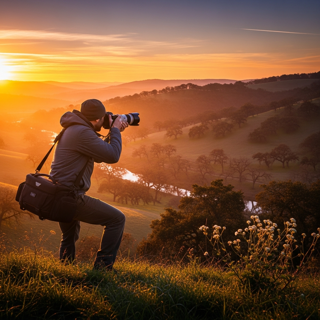 A photographer capturing a beautiful golden hour scene outdoors, showcasing warm natural light illuminating the subject and landscape.