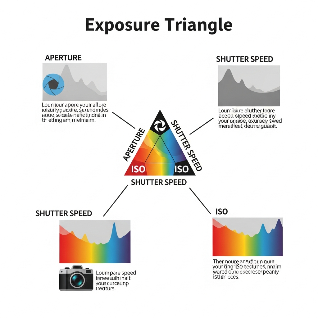 A visual explanation of the Exposure Triangle (aperture, shutter speed, ISO) with icons or diagrams that depict their effects on a photo.