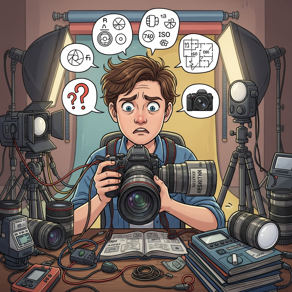 An illustration showing a beginner photographer confused by complex camera settings and equipment, symbolizing the overwhelming experience of starting photography.