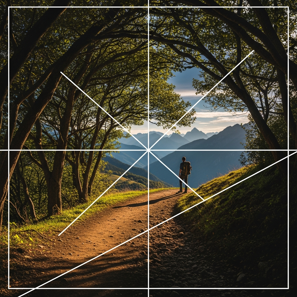 A scene demonstrating key composition techniques such as Rule of Thirds grid overlay, leading lines, and framing with natural elements around the subject.
